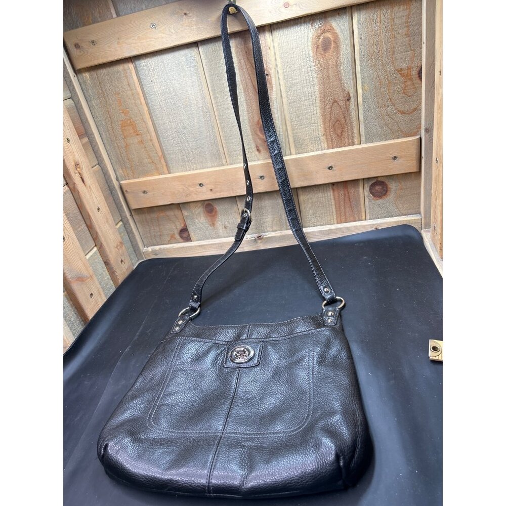 Coach Black Leather Crossbody Bag With Turnlock Closure & Adjustable Strap